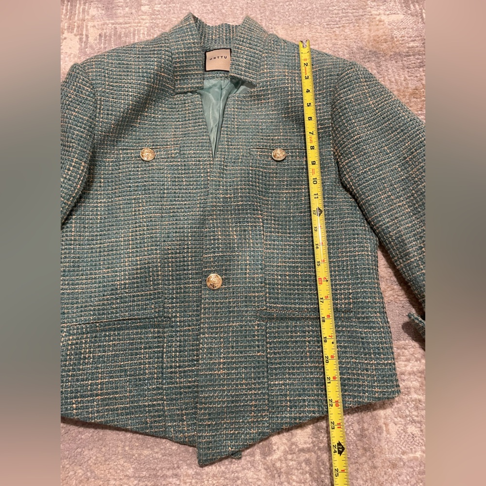 ORTTU Star Neck Jacket Green Tweed Gold Accents Size Medium Military Glamor $290 - Picture 10 of 13